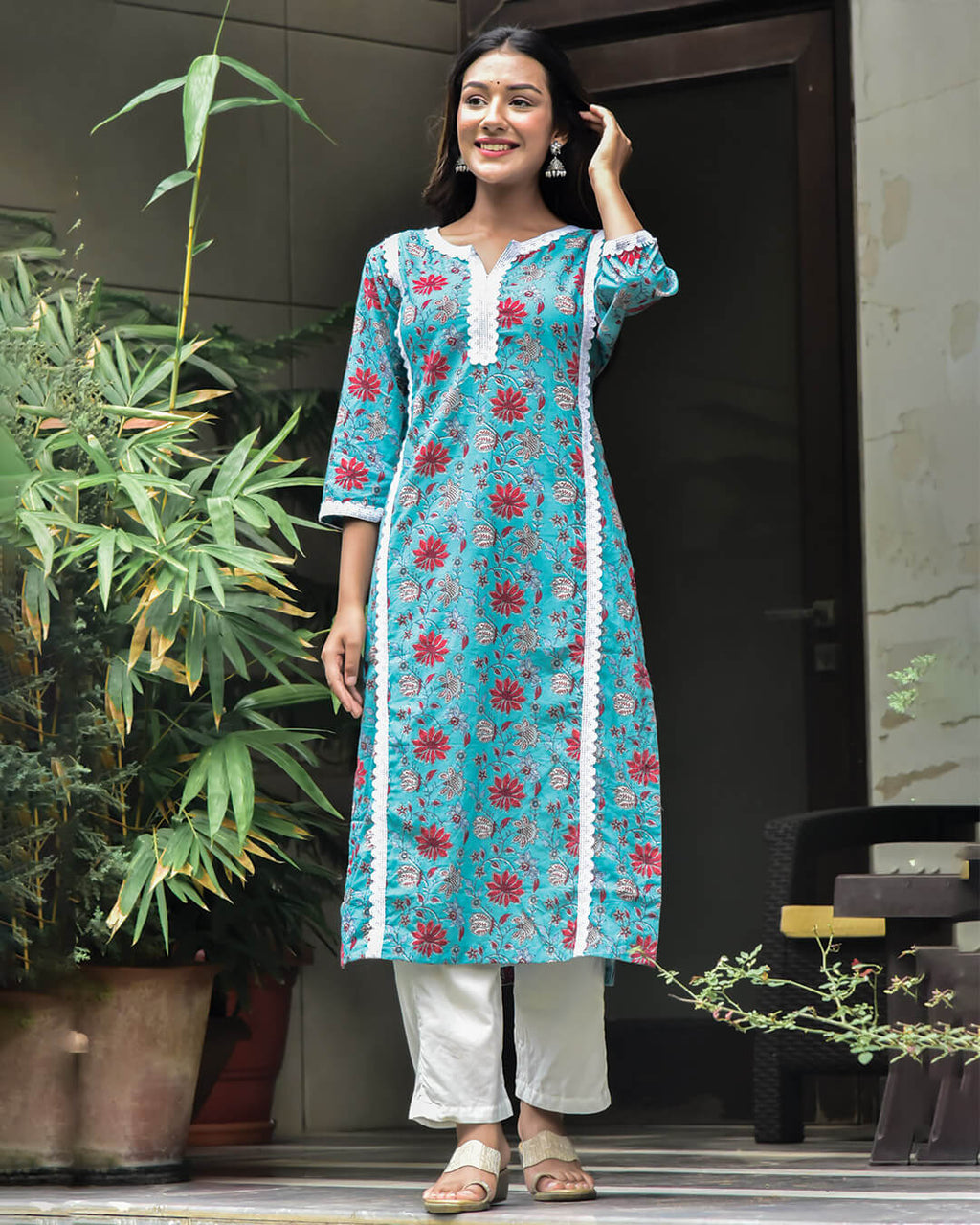 BLUE & PINK COTTON KURTA WITH LACE – Gulabi Dori