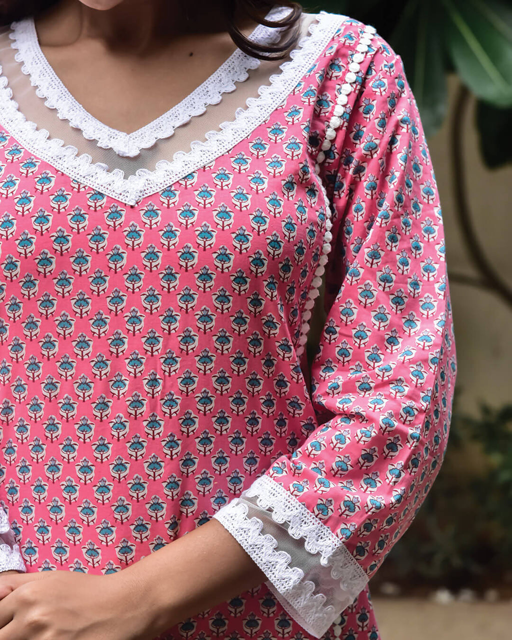 BLUE & PINK COTTON KURTA WITH LACE – Gulabi Dori