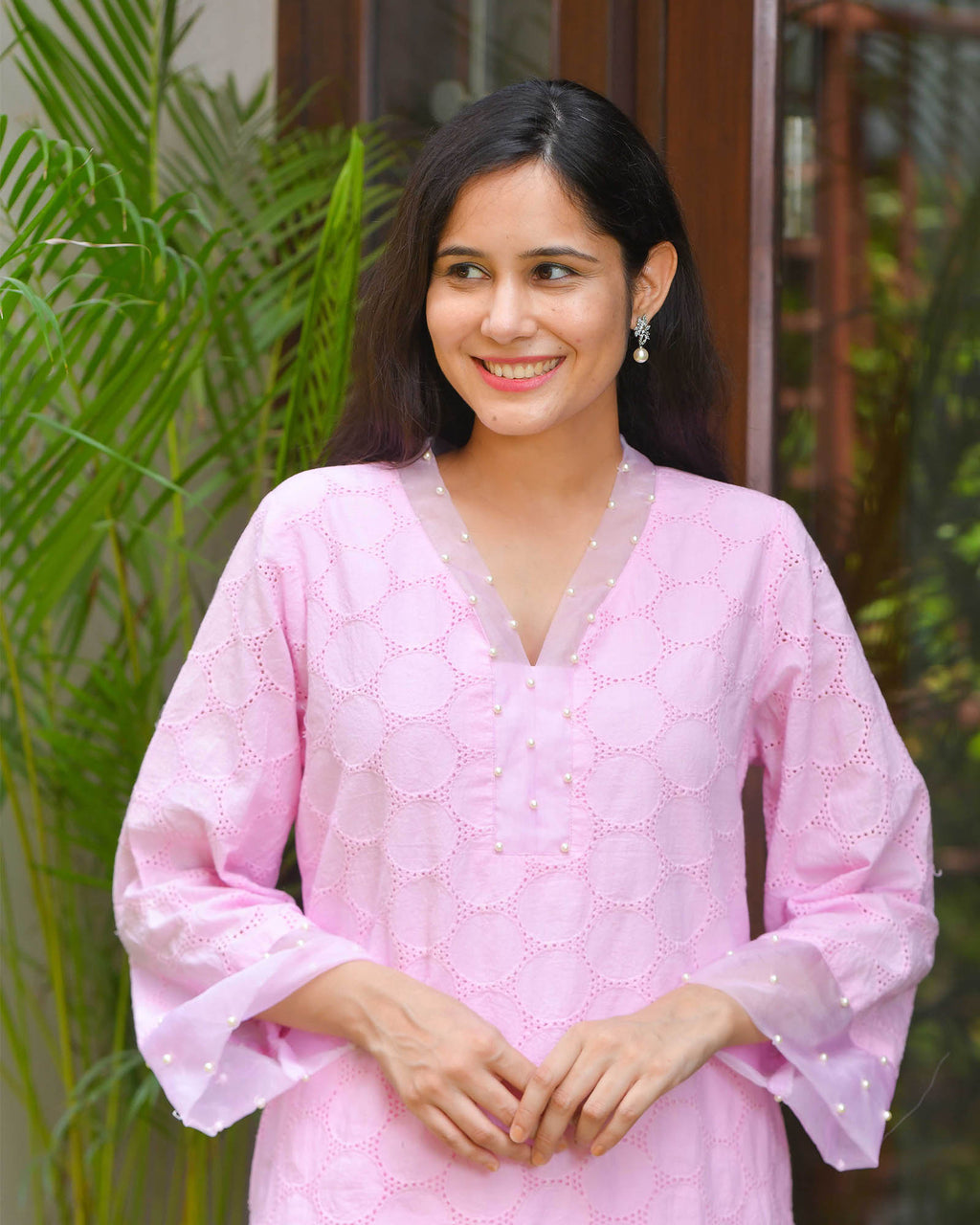 BLUE & PINK COTTON KURTA WITH LACE