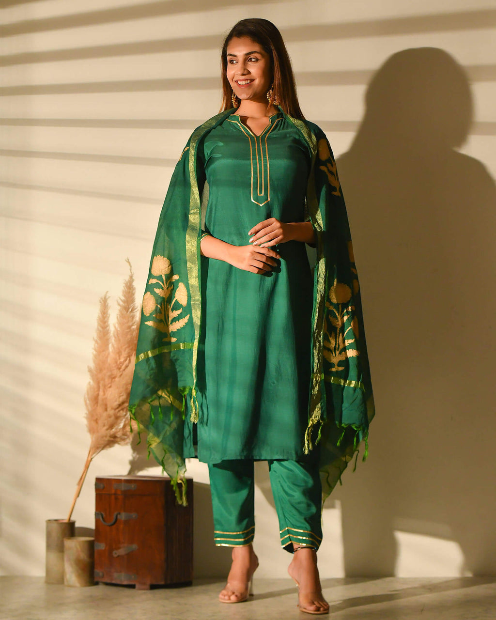 Bottle green muslin silk co-ord set - set of two by Niram