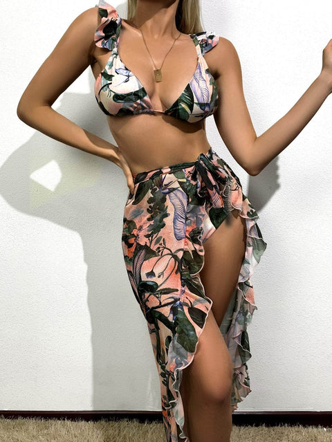 3 piezas vestido de baño bikini tropical falda playa