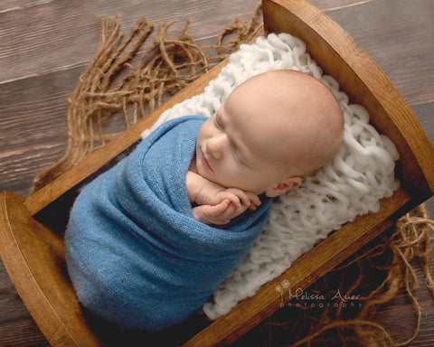 stretch knit wraps - newborn photo props - tiny tot prop shop - dream knit wraps - wooden newborn bed - chunky knit layer