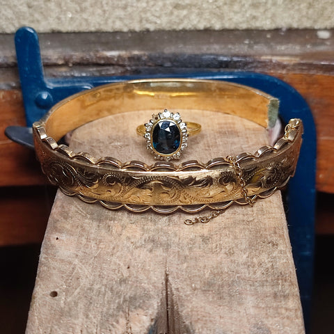 Before; Wax filled bangle and sapphire ring