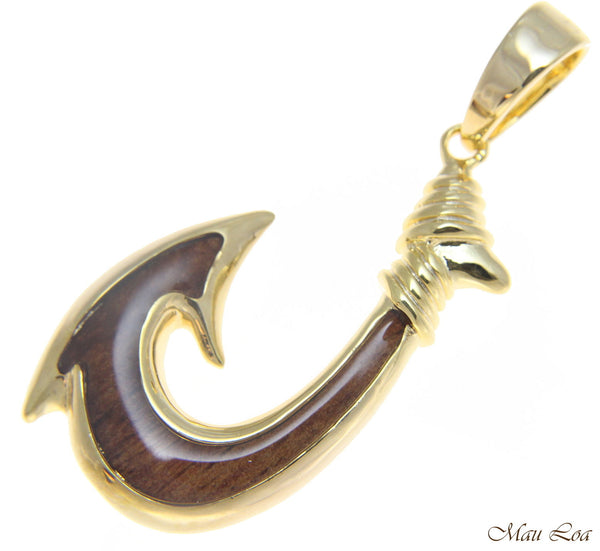 Koa Wood Hawaiian Wave Fish Hook Yellow Gold Plated Brass Reversible Pendant