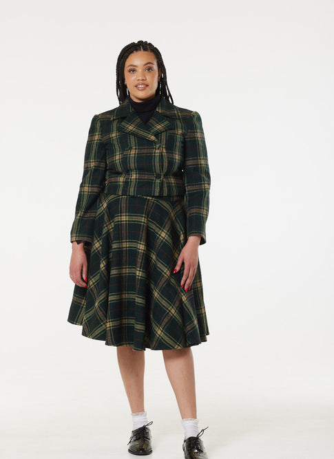 Sophie Green Woollen Check Tartan Midi Swing Skirt