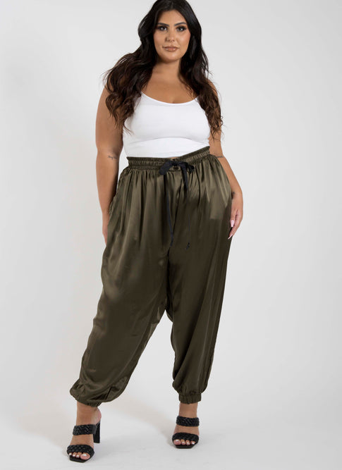 The Wardrobe Hero Italian Silk Jogger Pant in Moss