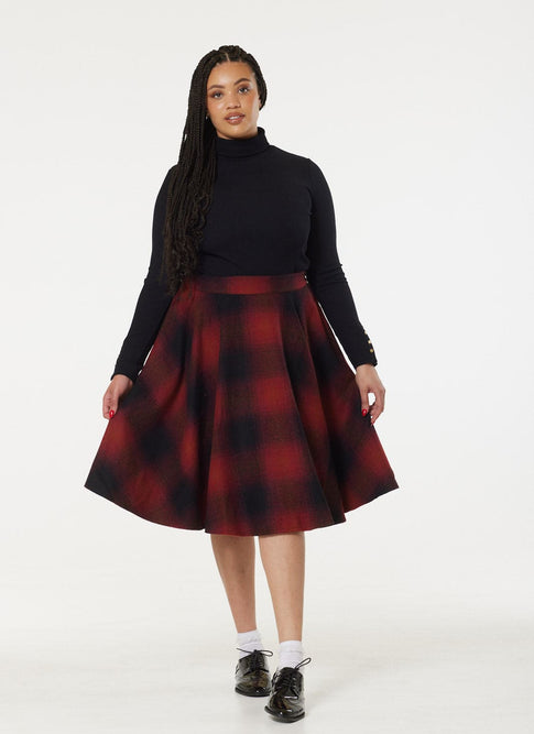 Sophie Red & Black Woollen Check Tartan Midi Swing Skirt