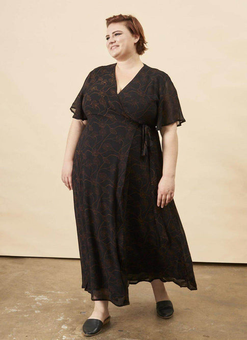 Poppy Flower Butterfly Sleeve Maxi Dress in Black and Copper
