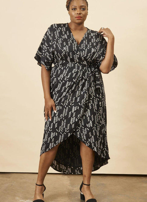 Stylized Feather Wrap Dress in Black and Cream