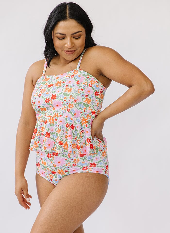 Painted Floral Peplum Tankini Top, Lime Ricki