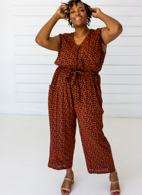 Leopard Sleeveless Jumpsuit in Sierra and Black