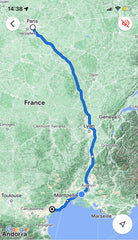 Screenshot of Google maps showing route from Paris to Beziers