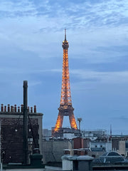 The Eiffel Tower, lit up in the dusk.