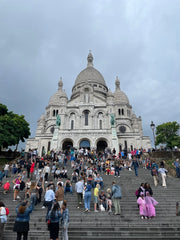 Sacré Cœur at the top of steps with lots of people on the steps in front of it.