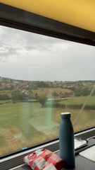 View out of a train window of green fields, packet of crisps and blue bottle in the foreground inside the train