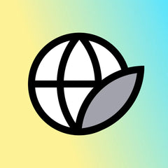 Planet - carbon-neutral shipping by Shopify | A graphic of a white global with a grey leaf at the bottom right, on a yellow and turquoise background