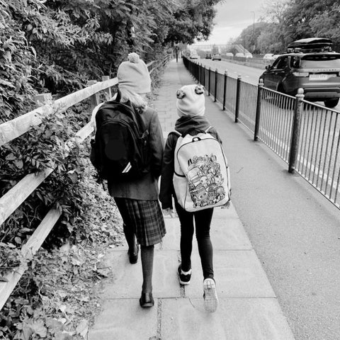 Black & white of two school girls | The Contented Company Eco-friendly, Plastic-free, Zero-waste Shop | Blog | Back to School