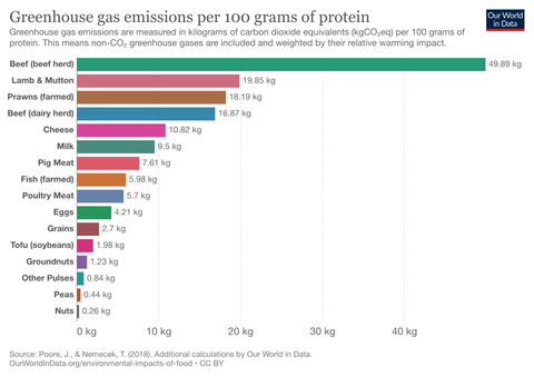 5 Zero Cost Ways to Combat Climate Change - that take (almost) zero effort | Contented Earth | Blog |  Greenhouse gas emissions per 100g protein