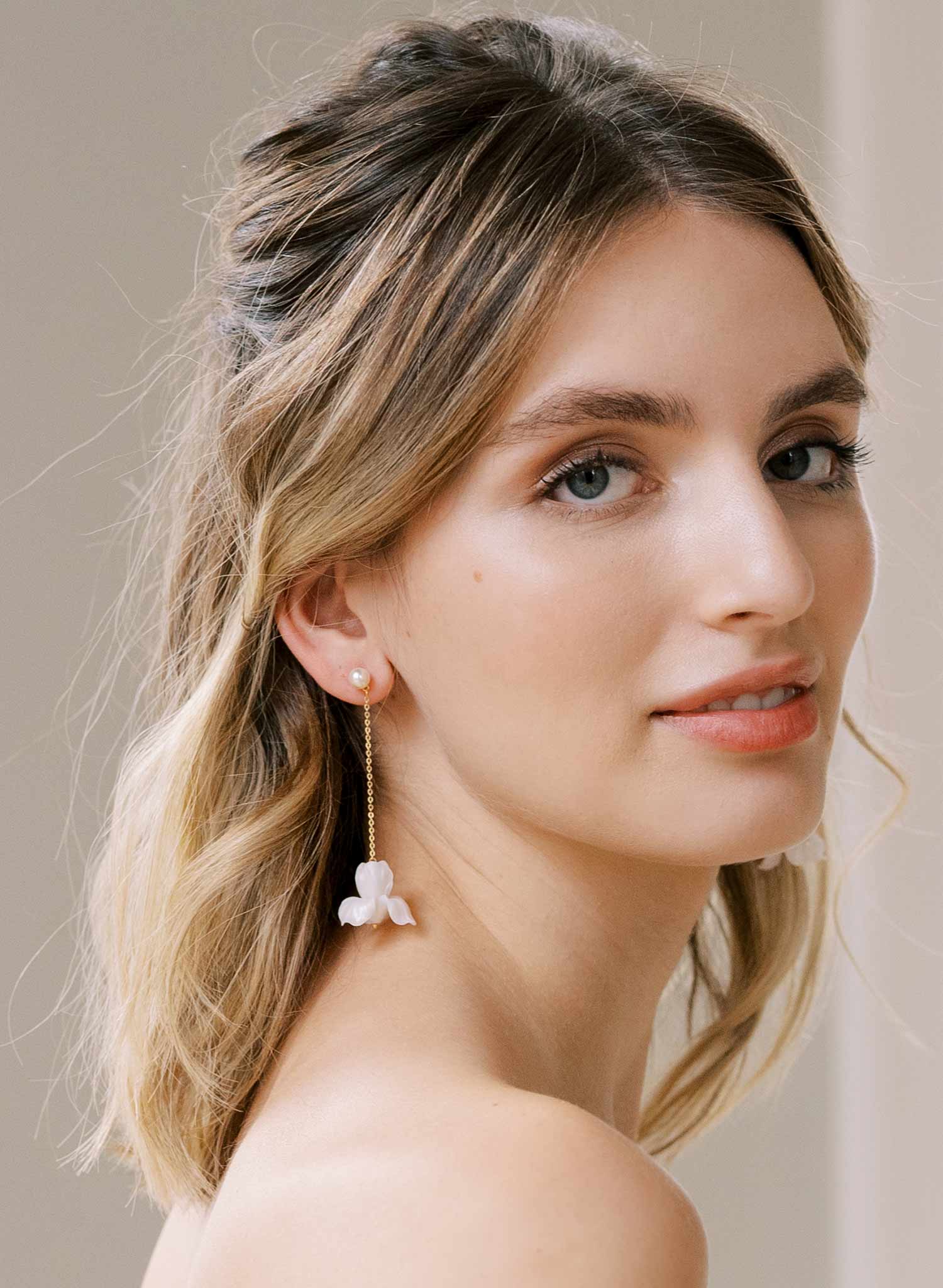 bridal iris clay flower chain earrings by twigs and honey