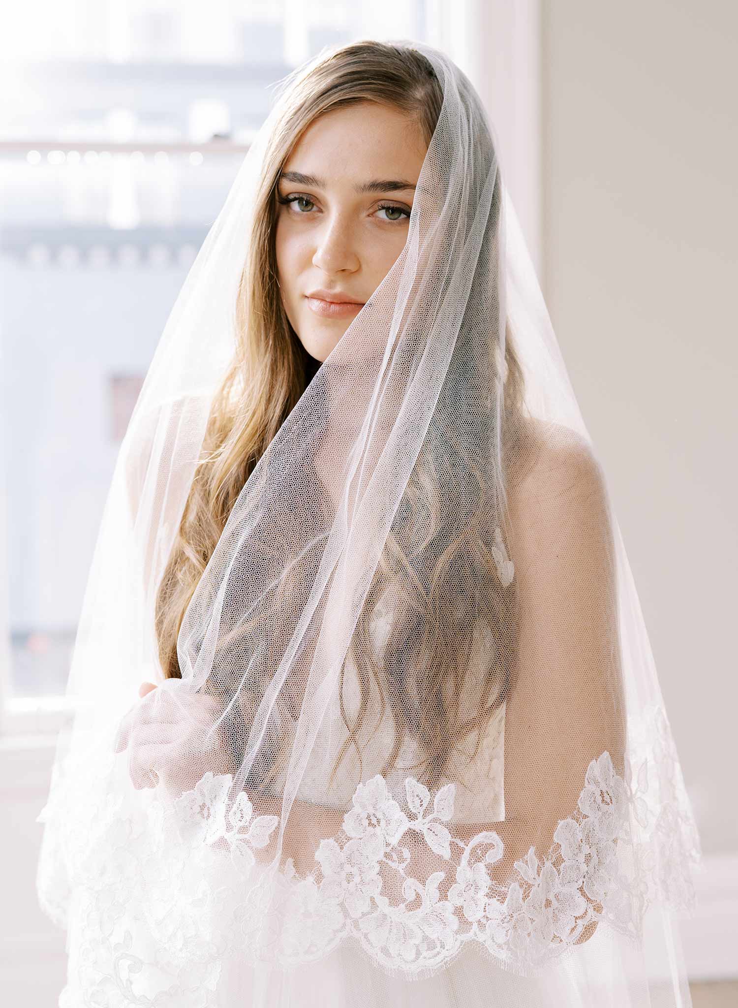 french lace bridal veil with blusher by twigs and honey