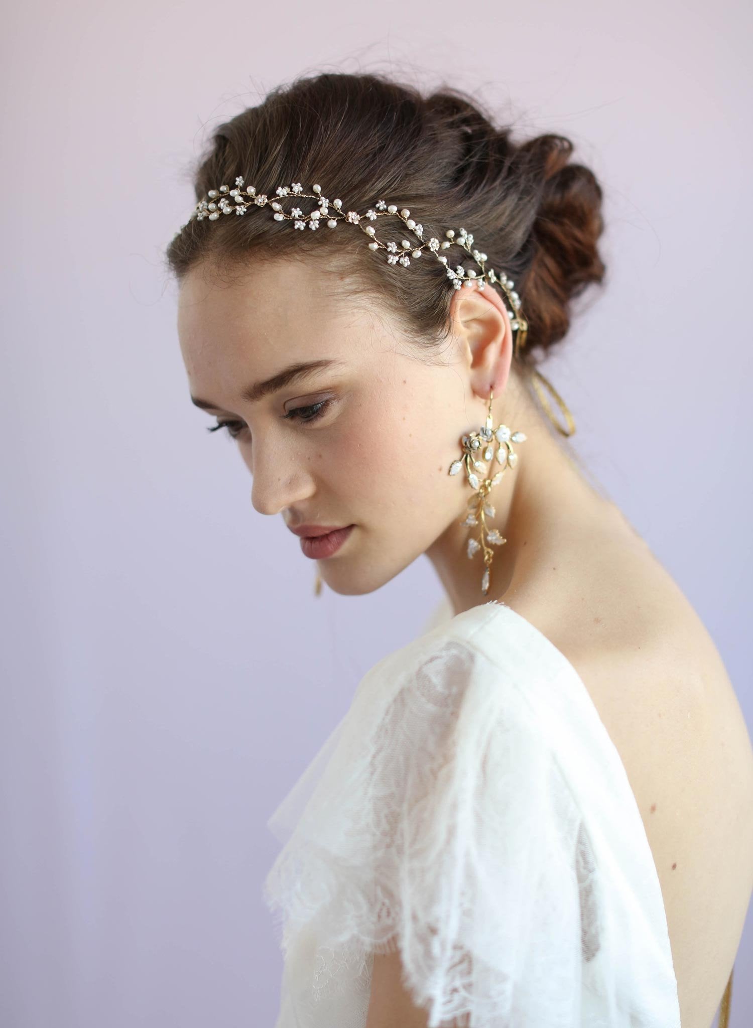 Bridal delicate beaded hair vine, headpiece, by twigs and honey, pearl drop halo