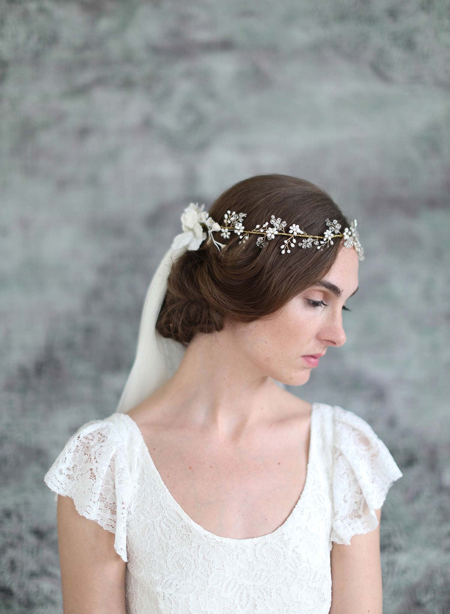 Bridal crown veil - Crystal and blossom full crown lux 