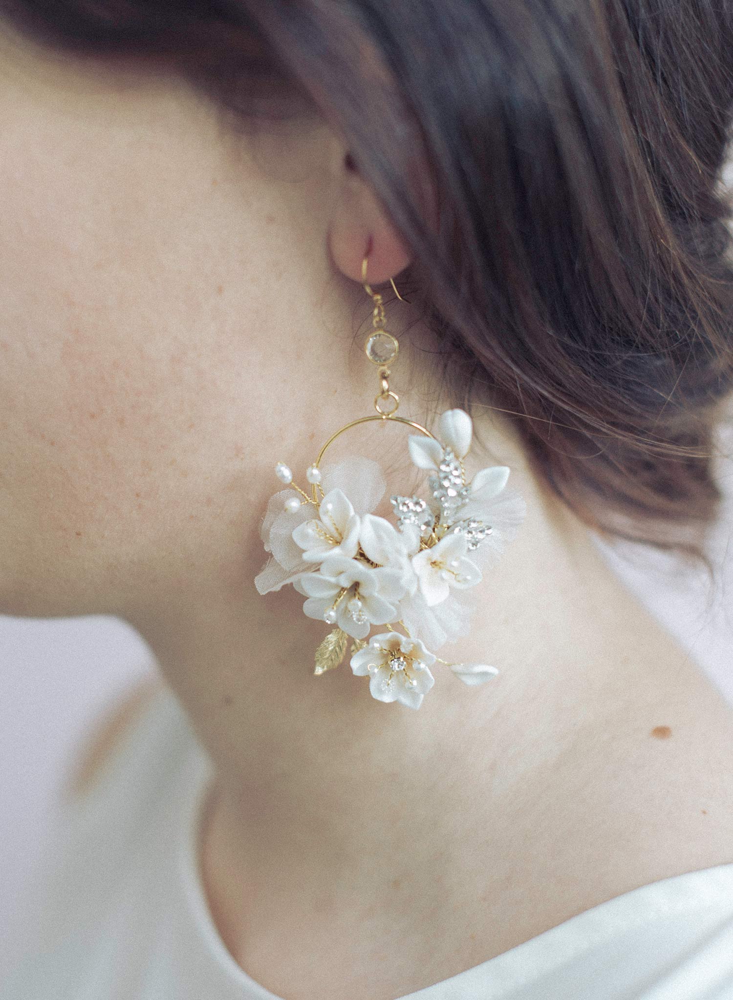 Clay flower bridal earrings Creamy blossom and silk flower earrings