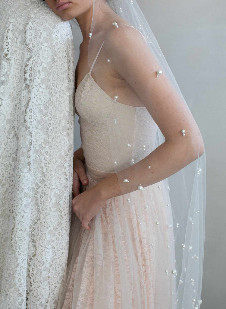 Twigs & Honey Pearl Bridal Veil, Wedding Veil - Pearl Showers Bridal Train Veil - Style #2065