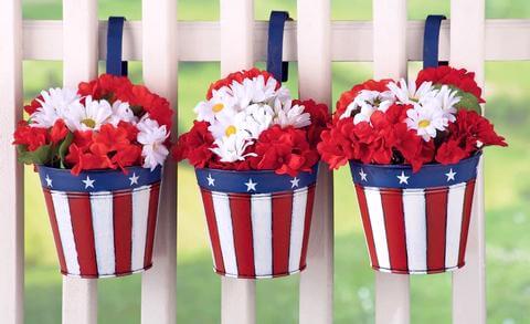 American Flag Metal Buckets with Flowers