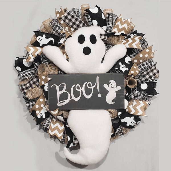 Couronne d'Halloween Boo Ghost. Achetez des couronnes et des guirlandes sur Mounteen. Expédition mondiale disponible.