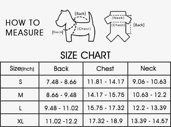 Comfy Dog Winter Jumpsuit - Size Chart