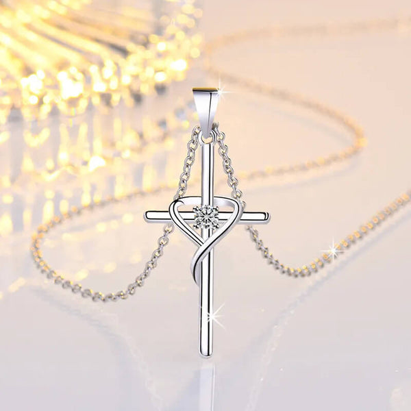 Cross Pendant Necklace Cubic Zirconia Gemstone 925 Sterling Silver - Mounteen