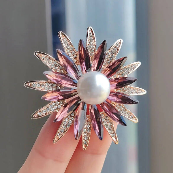 Dual Flower Rhinestone-Encrusted Brooch with Large Imitation Pearl and Simulated Gemstones in Pink - Mounteen