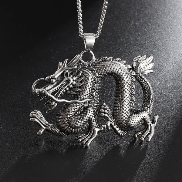 Loong Chinese Dragon Necklace in Silver - Mounteen