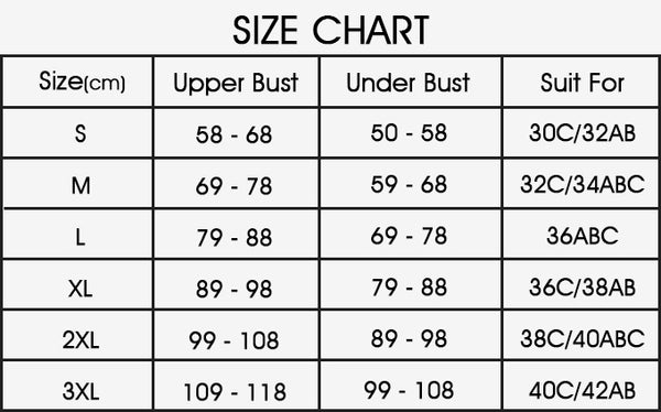 Low Back Wireless Lifting Lace Bra - Size Chart