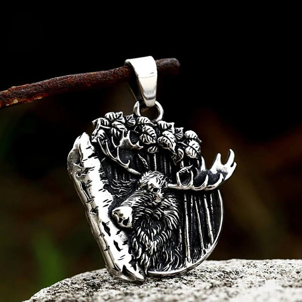 Collier pendentif en acier inoxydable avec pendentif en forme d'orignal mâchant de l'écorce d'arbre en pendentif uniquement - Mounteen