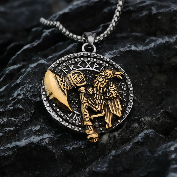 Collier pendentif Nordic Rune Viking Axe Crow en acier inoxydable en or et argent - Mounteen