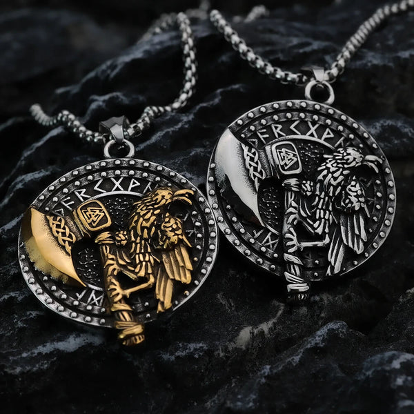 Collier pendentif Nordic Rune Viking Axe Crow en acier inoxydable - Mounteen
