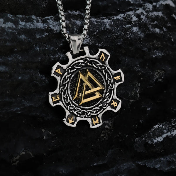 Odins Symbol Valknut Halskette mit ineinandergreifenden Dreiecken-Anhänger aus Edelstahl in Gold und Silber – Mounteen