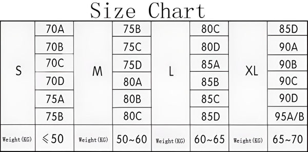 Push Up Bra Set - Size Chart