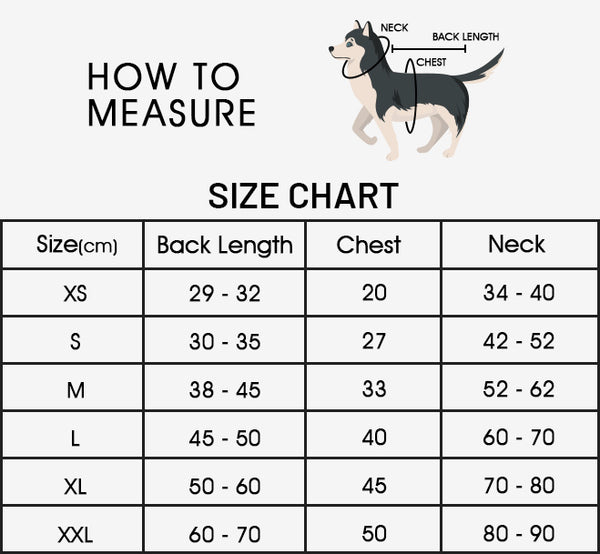 Shark Dog Safety Life Jacket - Size Chart
