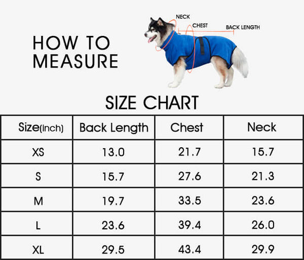 Super Absorbent Pet Bathrobe - Size Chart