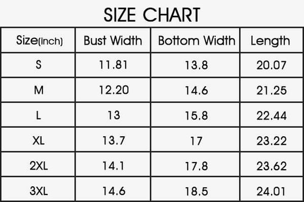 Tank Top Shaper with Removable Pads - Size Chart