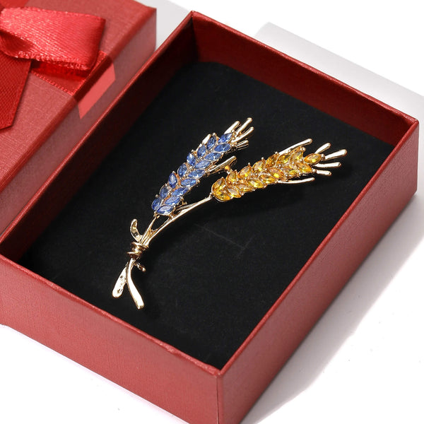 Ukraine Flag Gold-Toned Straw Brooch With Simulated Gemstones in Single Color & Gift Box - Mounteen