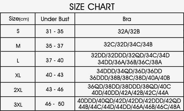 Ultra Comfort Breathable Air Bra - Size Chart