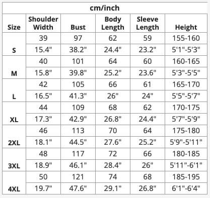 Ultra-Light Rainproof Windkicker - Size chart