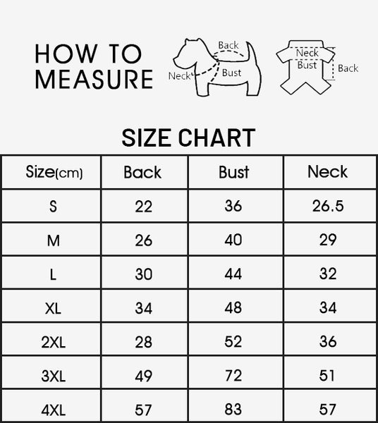 Waterproof Winter Dog Coat with Built-in Harness - Size Chart