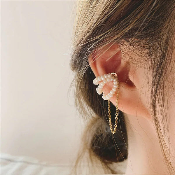 Zinc No Piercing Single Chain Faux Pearl Bead Ear Cuffs in Three Pearl Rings - Mounteen