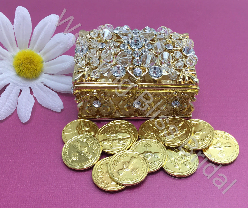 Rectangular Crystal Gold Wedding Arras Box And Unity Coins Arras De Bo Wedding Bliss Bridal