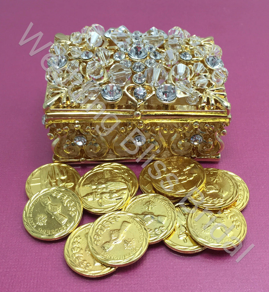 Rectangular Crystal Gold Wedding Arras Box And Unity Coins Arras De Bo Wedding Bliss Bridal